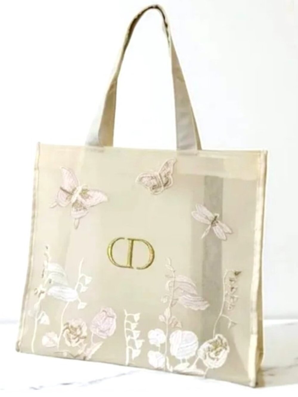 Dior Beige Mesh Tote with butterfly, dragonfly, floral Embroidered in sealed bag